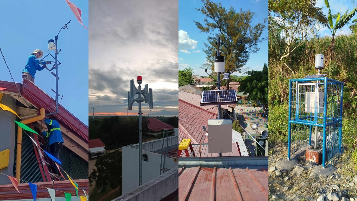 Metronix field technicians installing a rooftop anemometer, a warning siren, a solar-powered weather station, and a fenced sensor enclosure across Philippine sites